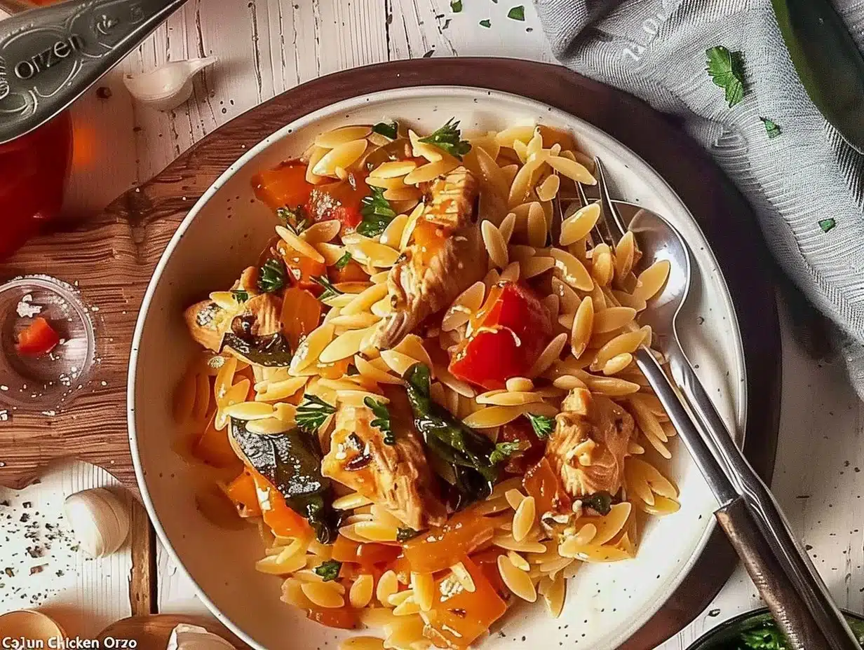 Cajun Chicken Orzo 1 Delicious Cajun Chicken Orzo with spices and vegetables in a bowl