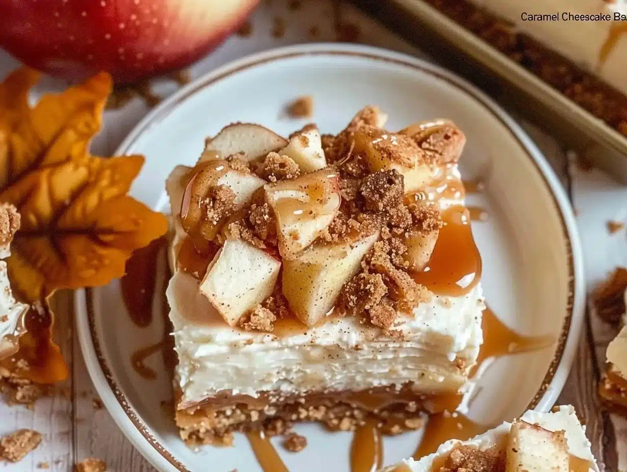 Caramel Apple Cheesecake Bars with creamy cheesecake and caramel drizzle