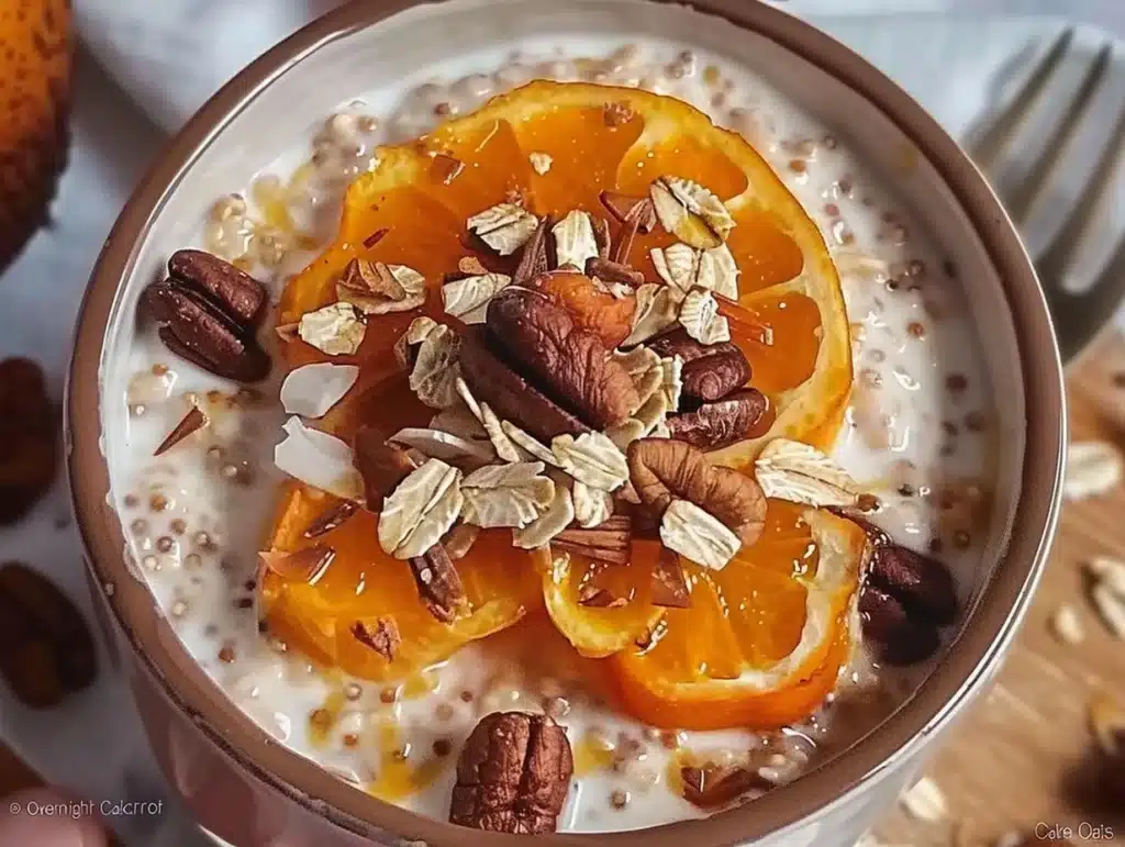Bowl of carrot cake overnight oats topped with nuts and raisins