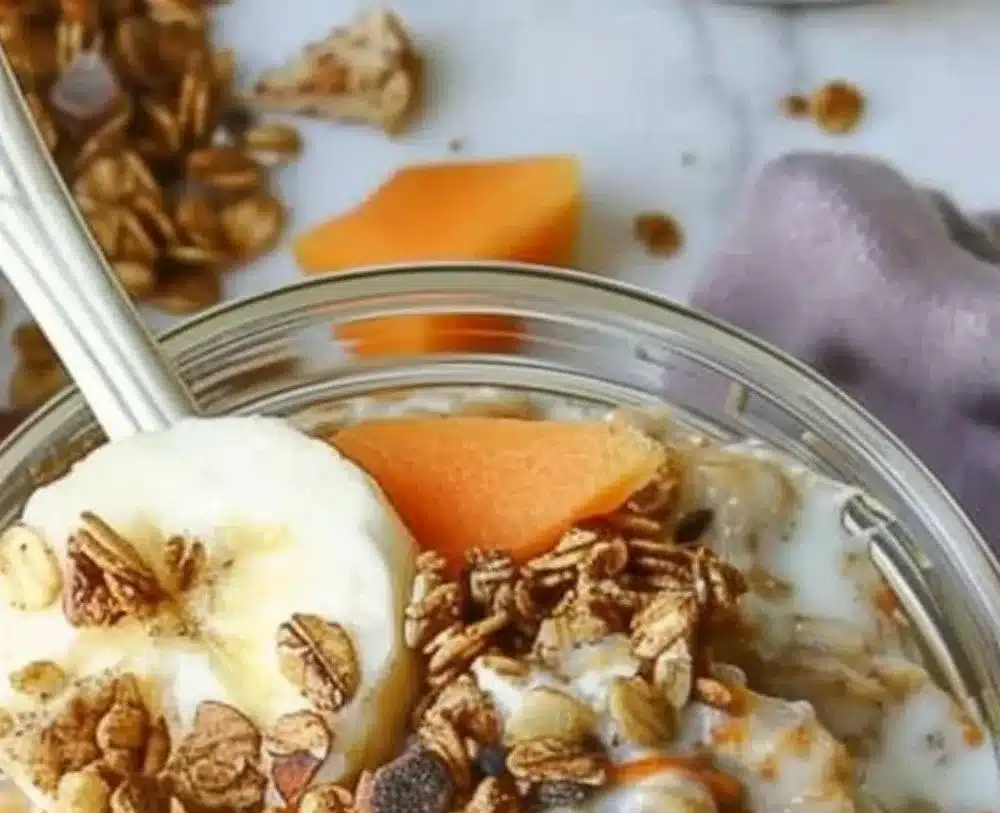 Delicious Carrot Cake Overnight Oats in a glass topped with nuts and spices