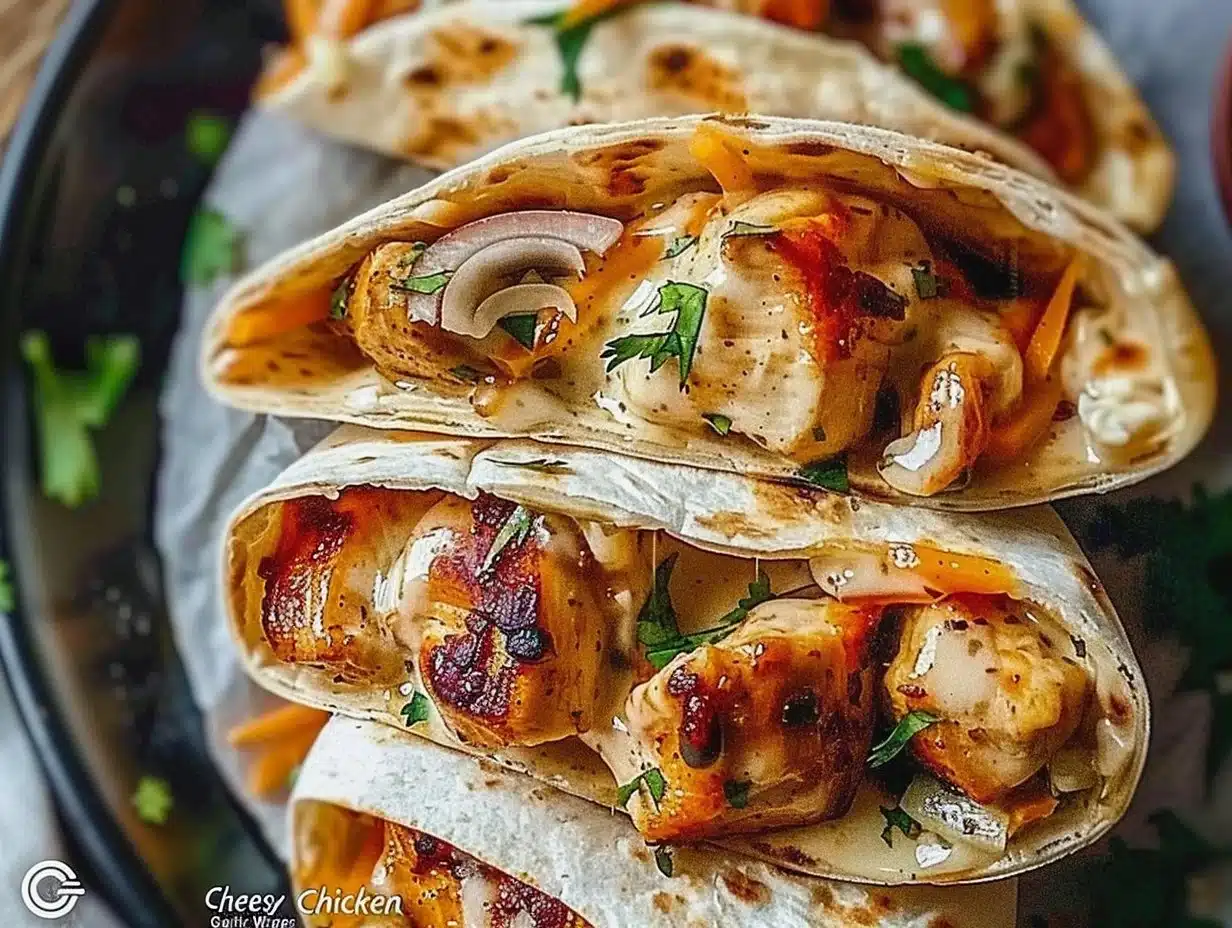 Delicious cheesy garlic chicken wraps ready to be served.