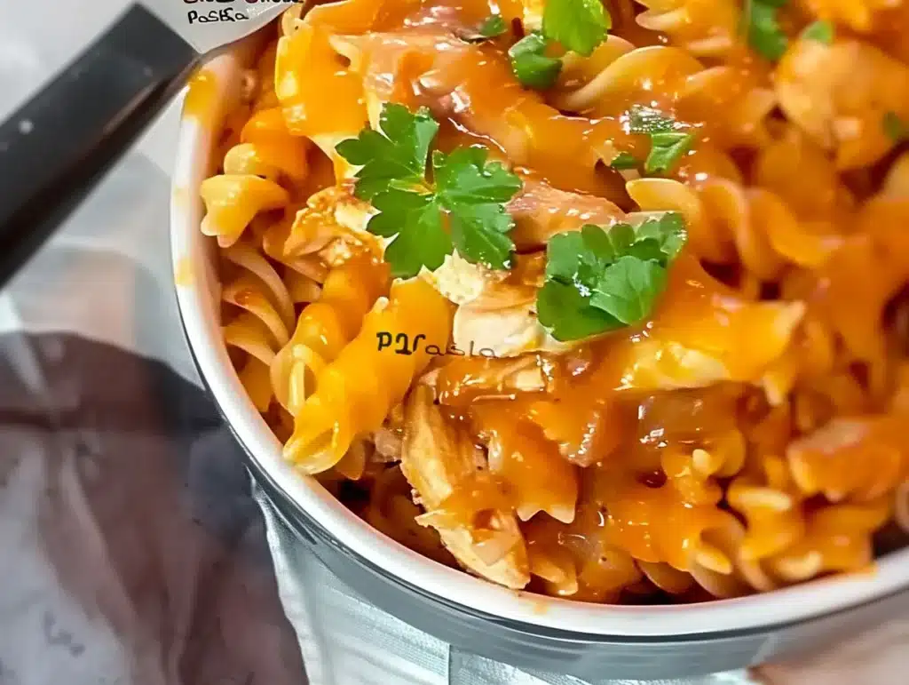 Creamy cheesy chicken pasta served in a bowl with herbs