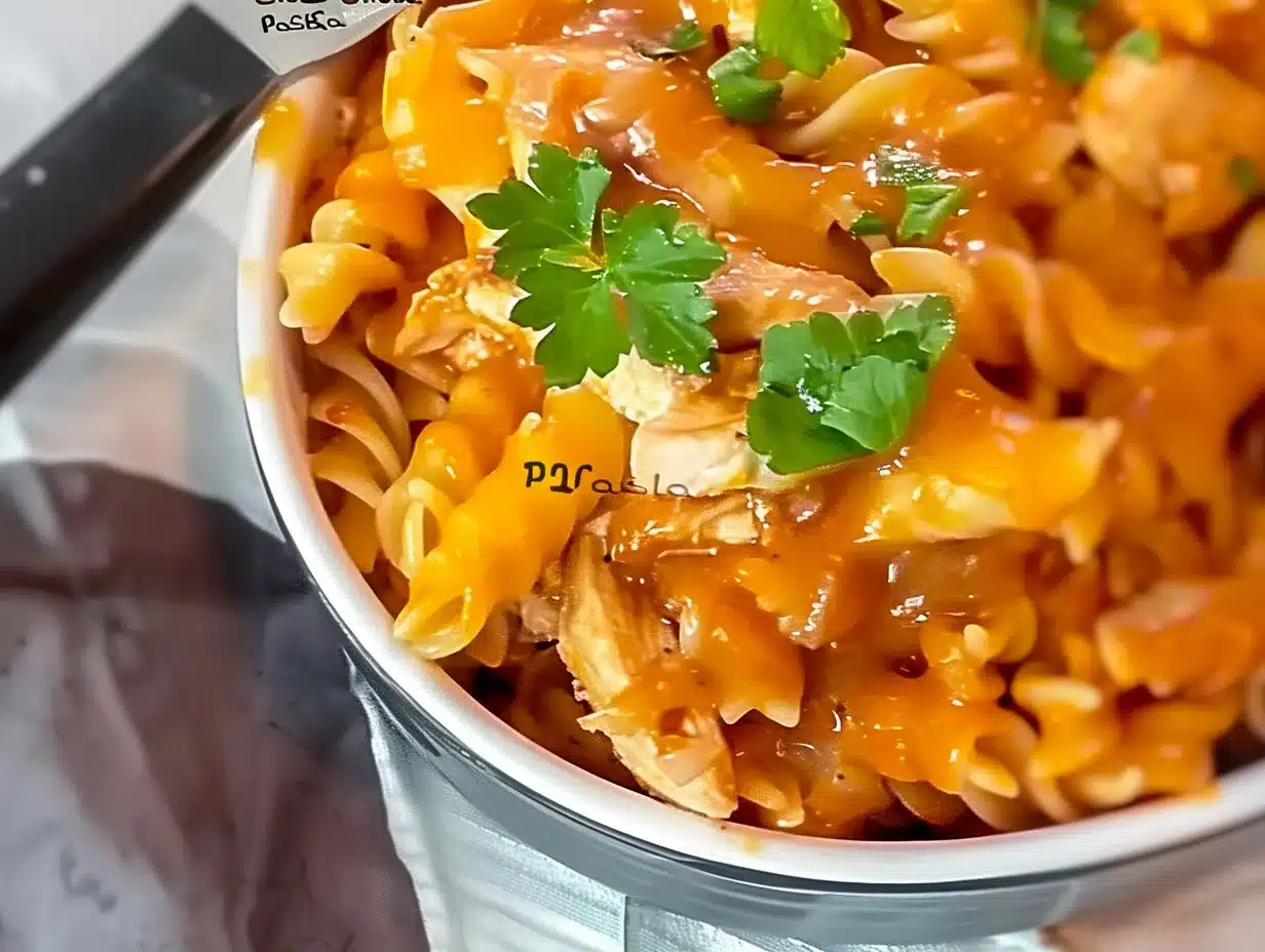 Creamy cheesy chicken pasta served in a bowl with herbs
