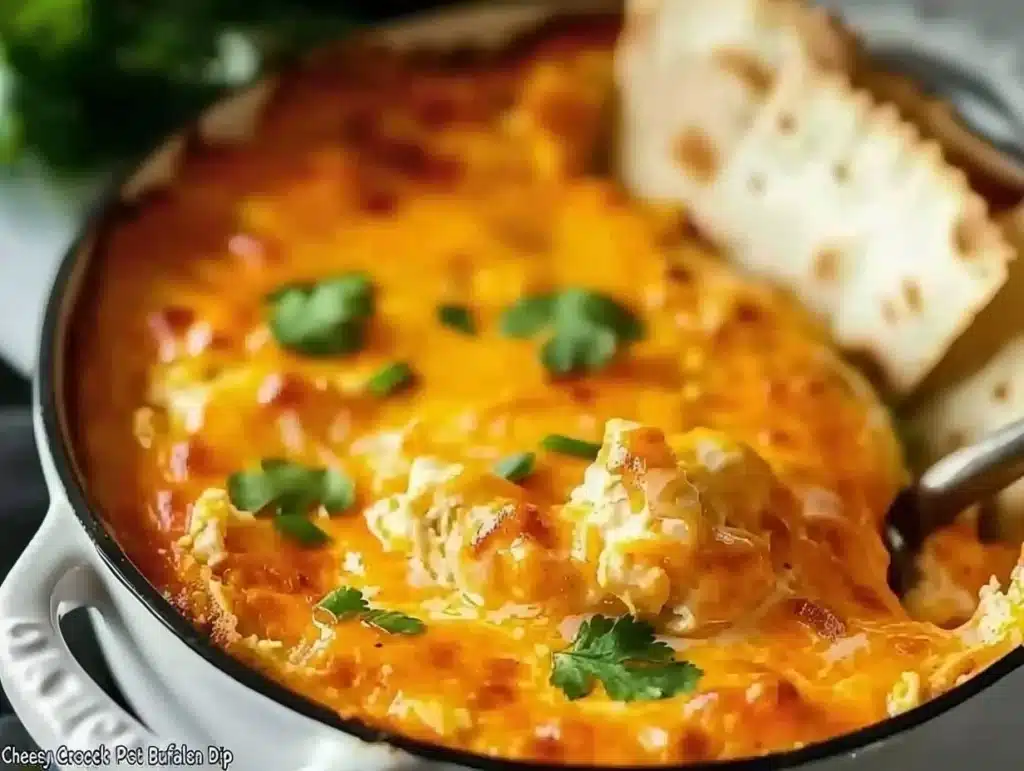 Delicious Cheesy Crock Pot Buffalo Chicken Dip served in a bowl