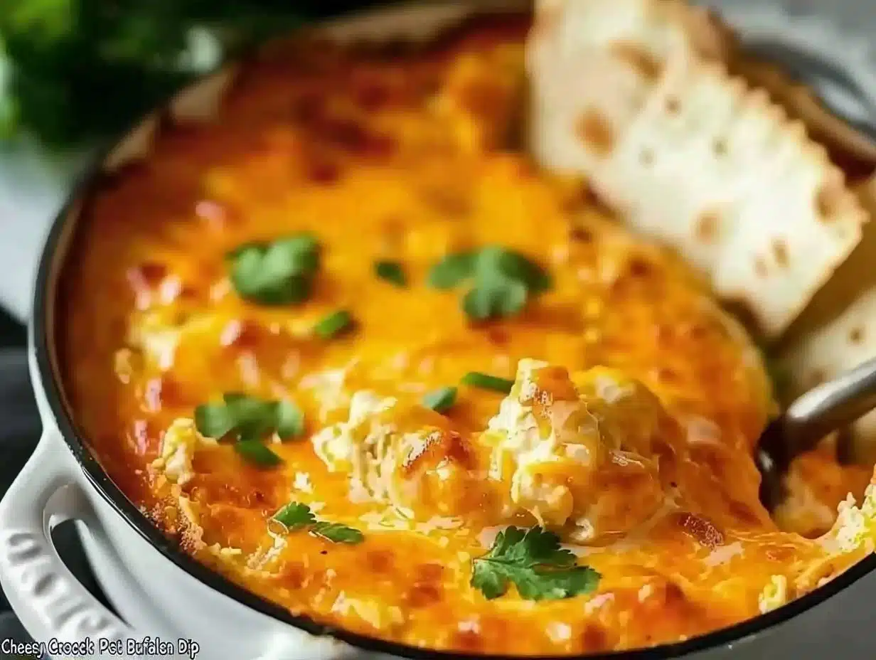 Cheesy Crock Pot Buffalo Chicken Dip 1 Delicious Cheesy Crock Pot Buffalo Chicken Dip served in a bowl