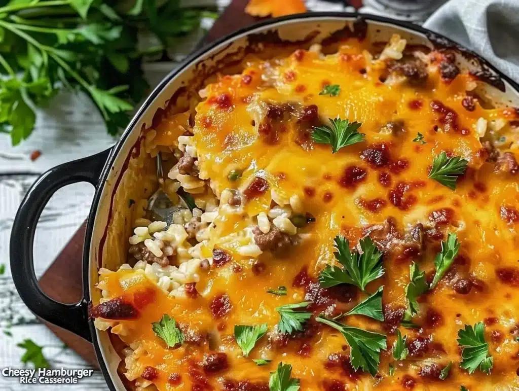 Cheesy Hamburger Rice Casserole served on a plate with melted cheese