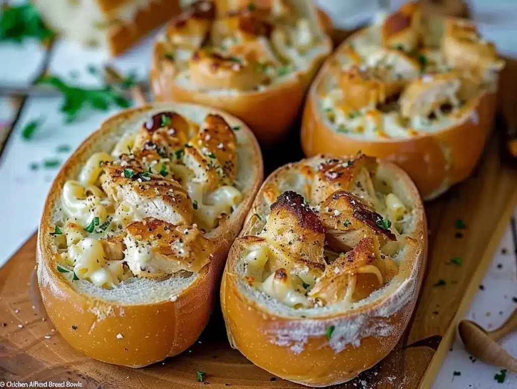Delicious Chicken Alfredo served in garlic bread bowls