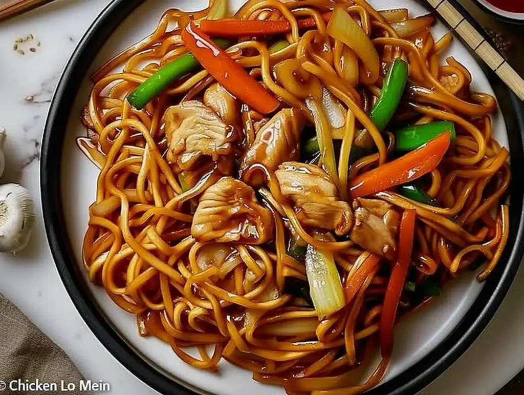 Delicious plate of Chicken Lo Mein with vegetables and tender chicken
