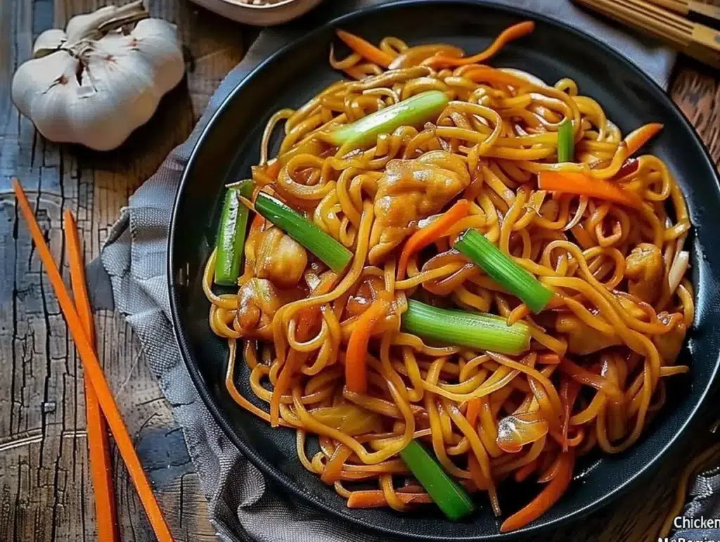 Delicious Chicken Lo Mein dish with colorful vegetables and noodles