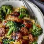 Plate of Chicken Sausage and Broccoli Orzo filled with flavor and nutrition