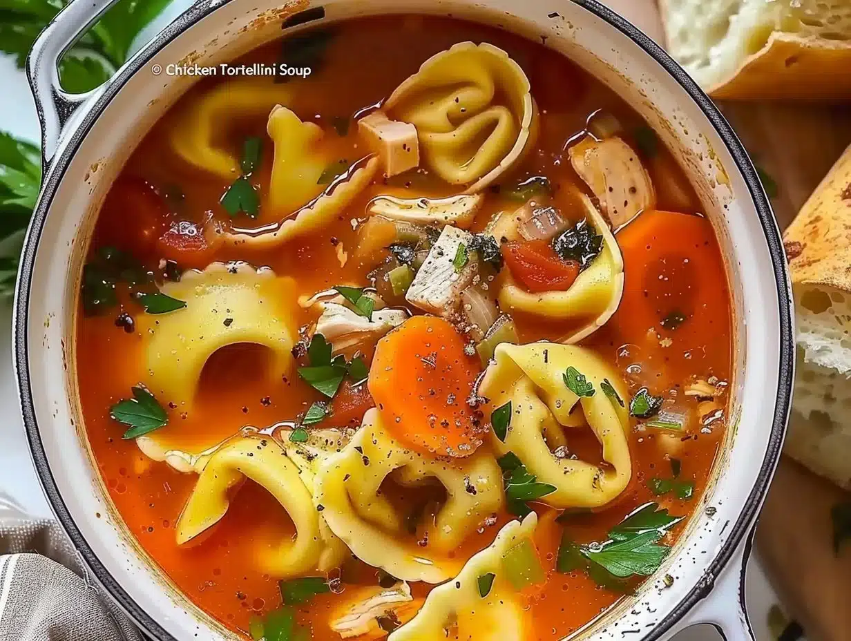 Bowl of delicious Chicken Tortellini Soup garnished with herbs