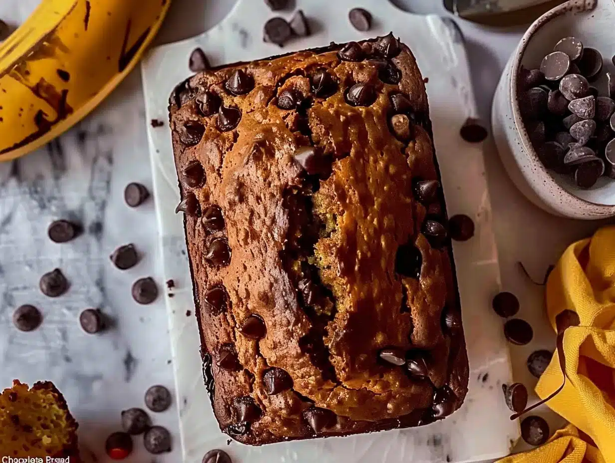 Loaf of chocolate chip banana bread with slices on a wooden board