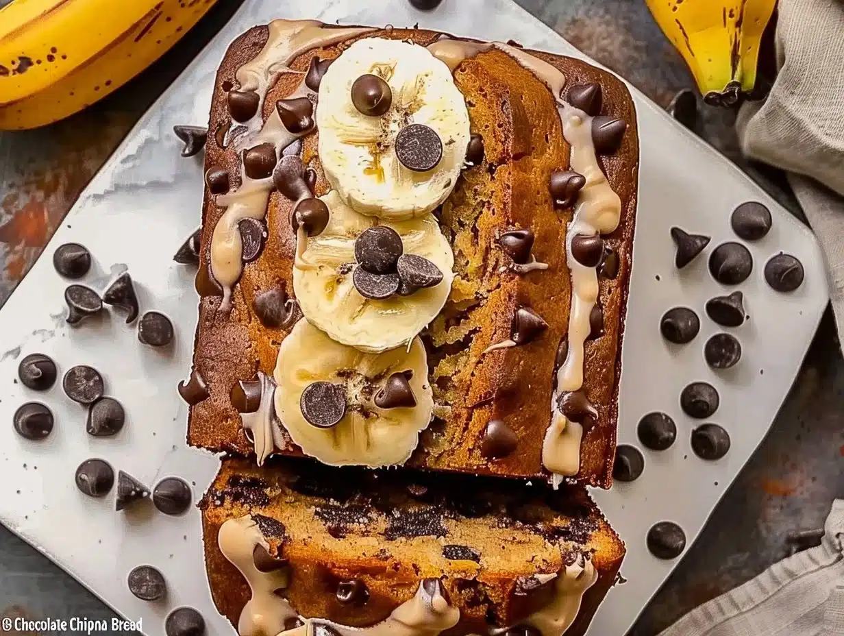 Deliciously moist chocolate chip banana bread loaf with chocolate chips