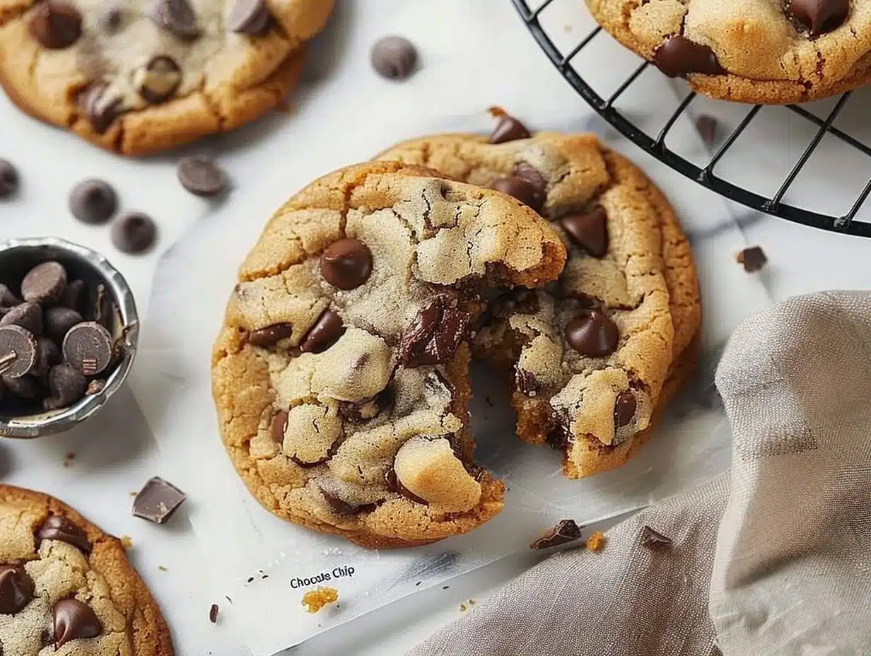Freshly baked chocolate chip cookies on a cooling rack