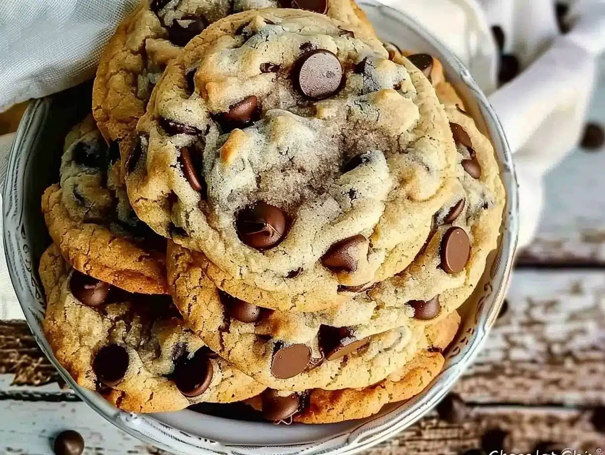 Freshly baked chocolate chip cookies on a cooling rack