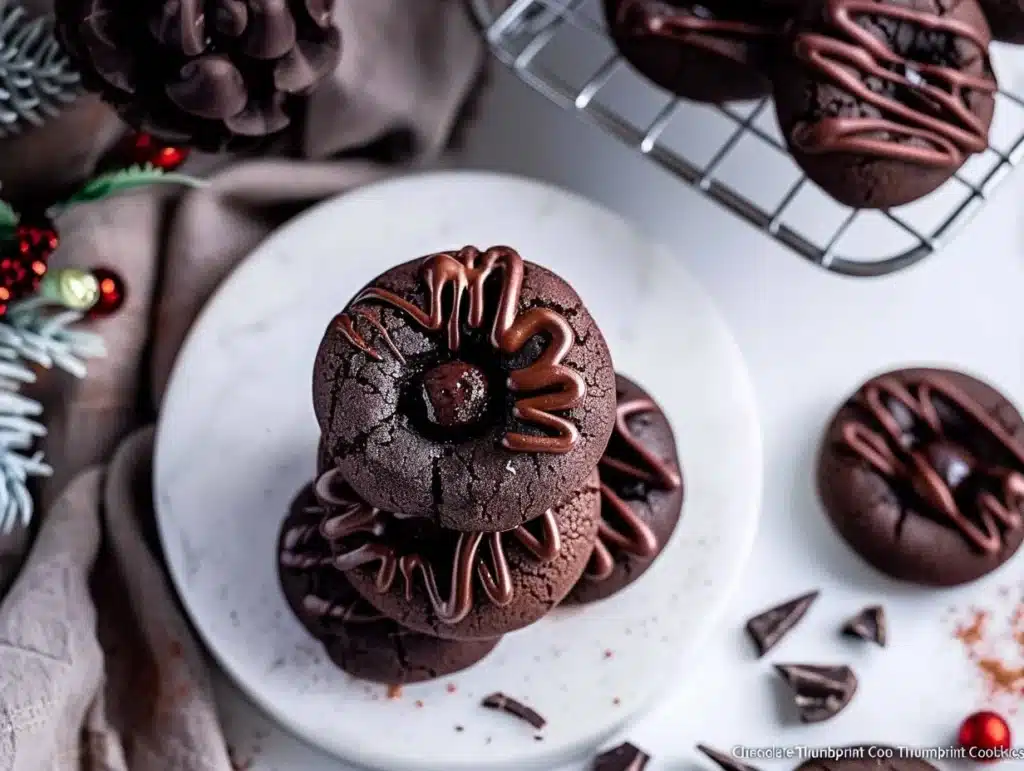 Delicious chocolate thumbprint cookies topped with melted chocolate.