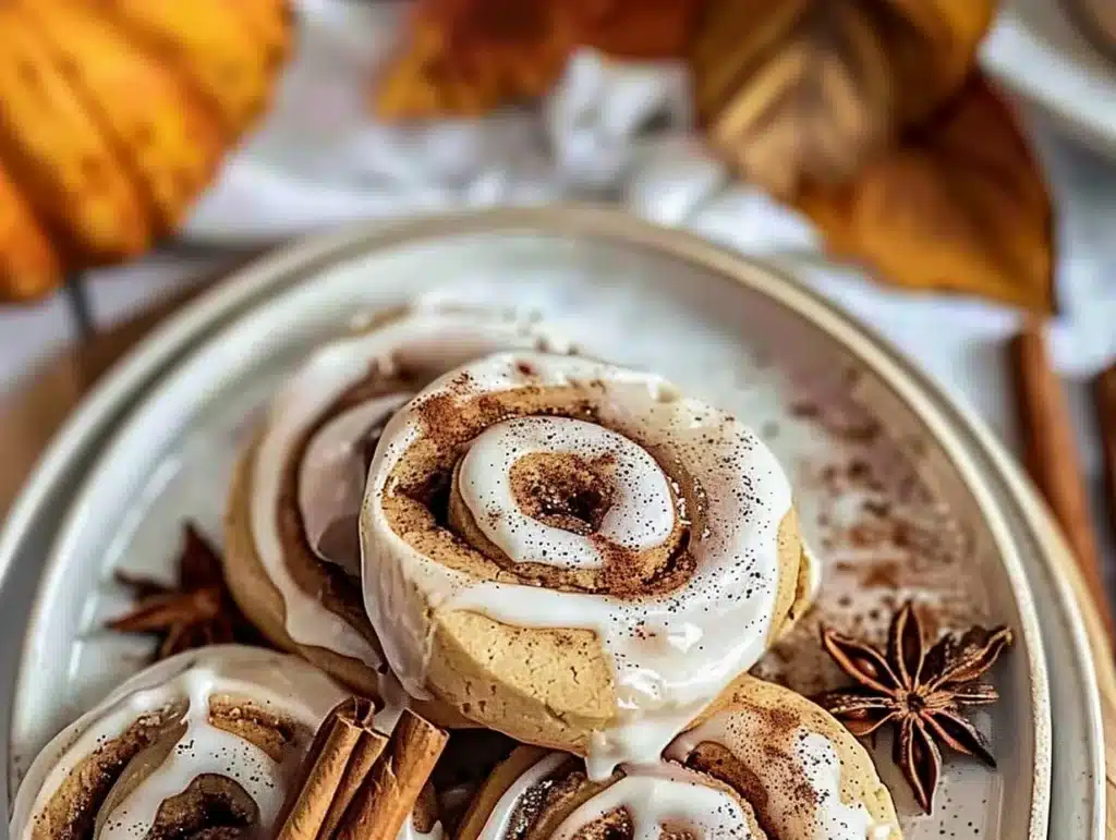 Freshly baked Cinnamon Roll Cookies topped with icing