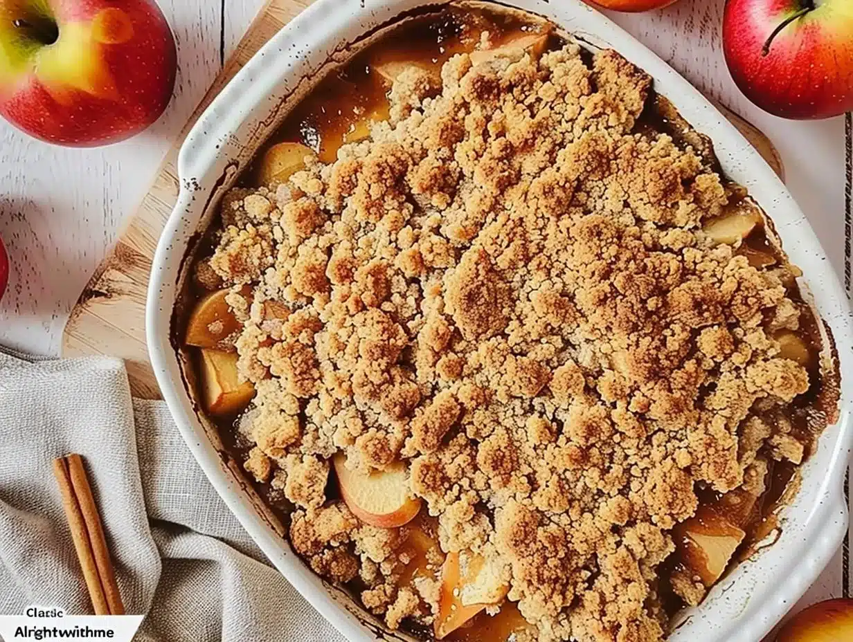 Classic Apple Crumble - Alright with Me 1 Classic apple crumble with a golden crust and fresh apple filling