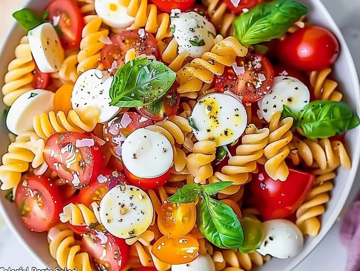 Colorful Caprese Pasta Salad with cherry tomatoes, mozzarella, and basil.