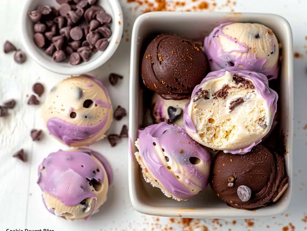 Delicious cookie dough frozen yogurt bites in a bowl