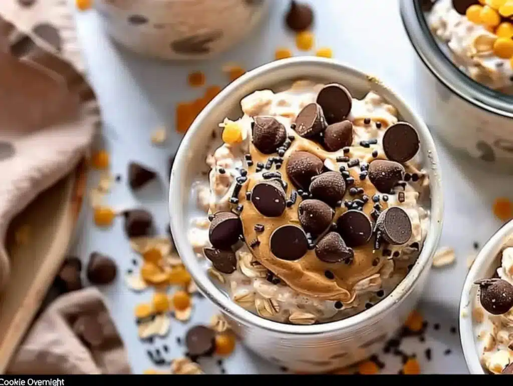 Bowl of cookie dough overnight oats topped with chocolate chips and nuts