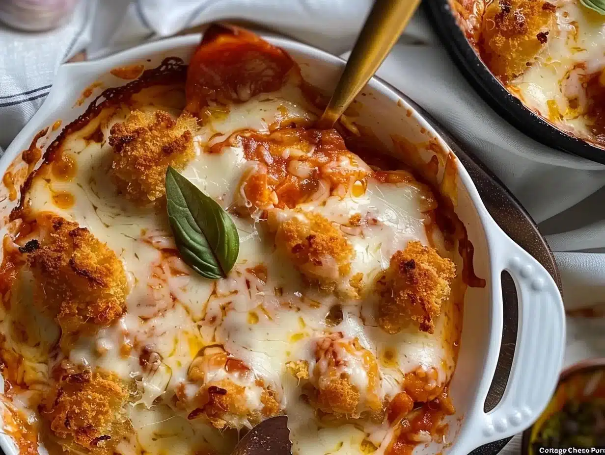 Delicious Cottage Cheese Chicken Parmesan Bowl topped with fresh basil.