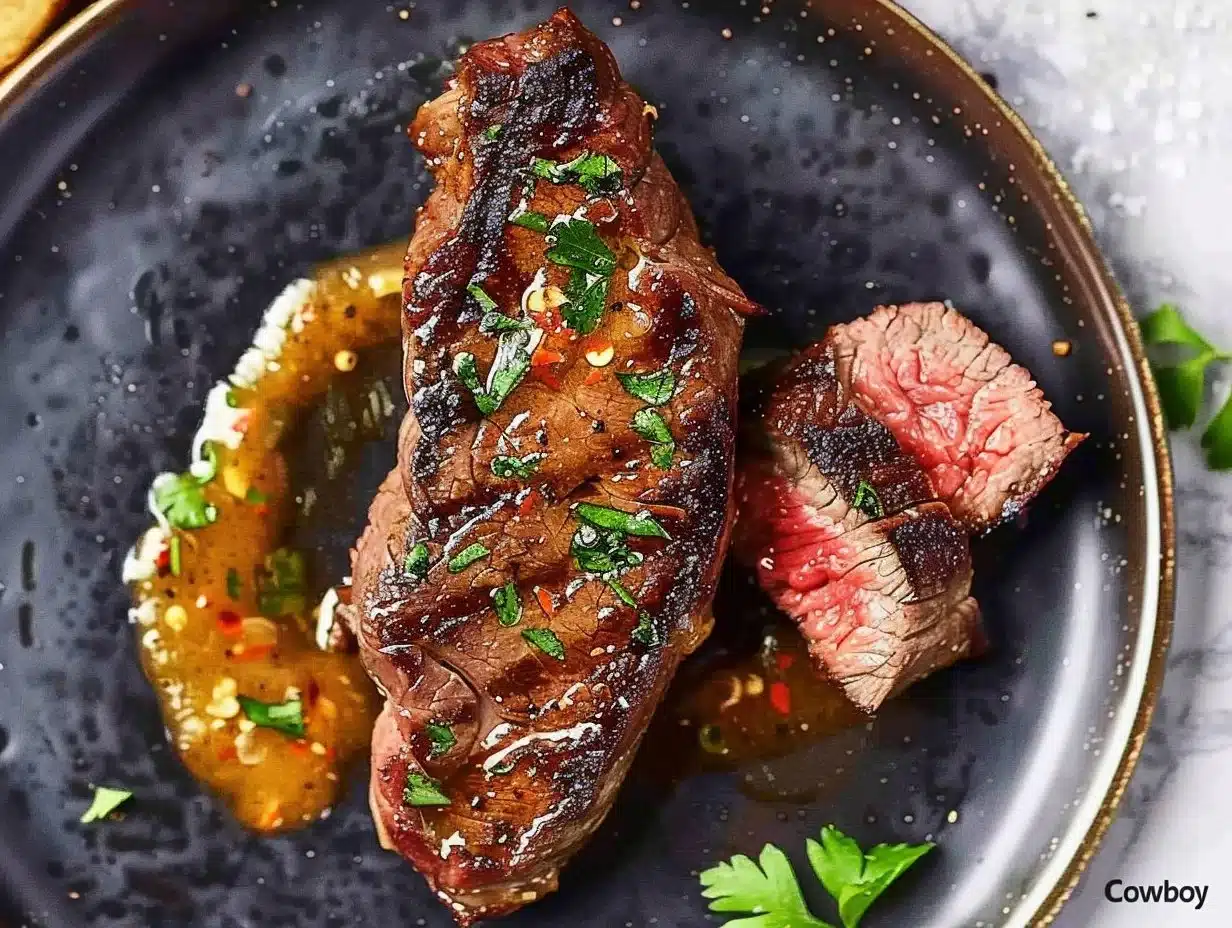 Grilled Cowboy Butter Steak served with herbs and spices