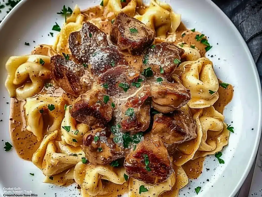 Cracked Garlic Steak Tortellini served in creamy sauce with herbs.