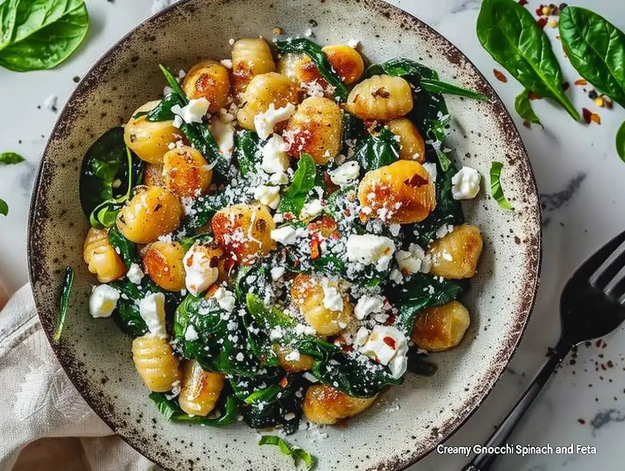 Creamy gnocchi with spinach and feta served in a bowl.