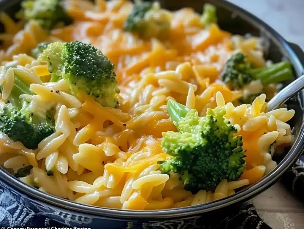 Creamy broccoli cheddar orzo dish in a colorful bowl