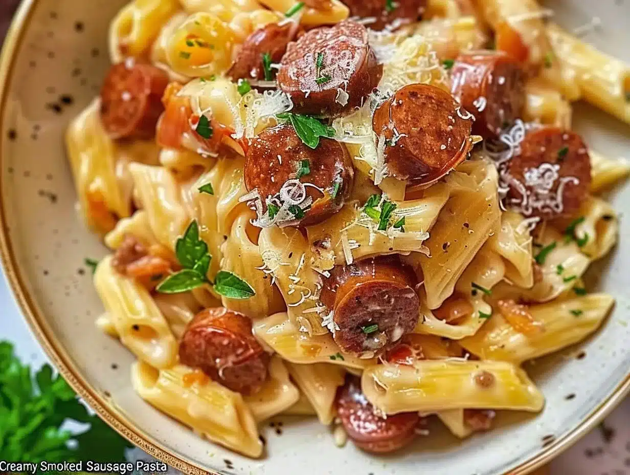 Delicious creamy smoked sausage pasta served in a bowl with herbs and spices.
