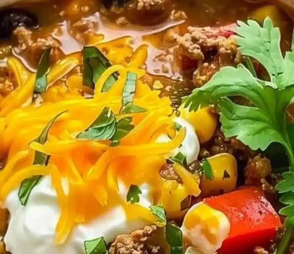 Creamy Taco Soup Recipe 1 Delicious creamy taco soup served in a bowl with toppings