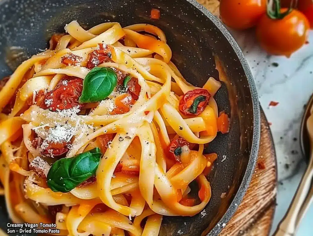 Creamy vegan sun-dried tomato pasta served in a bowl with herbs and vegan cheese