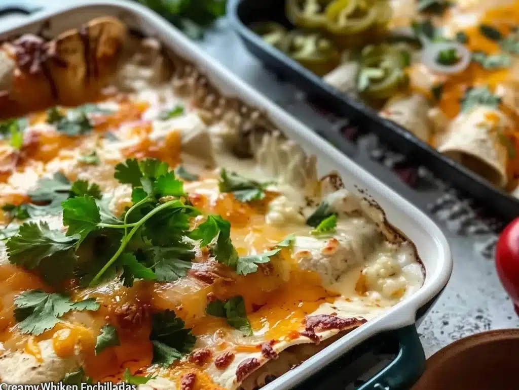 Creamy white chicken enchiladas topped with cheese and herbs