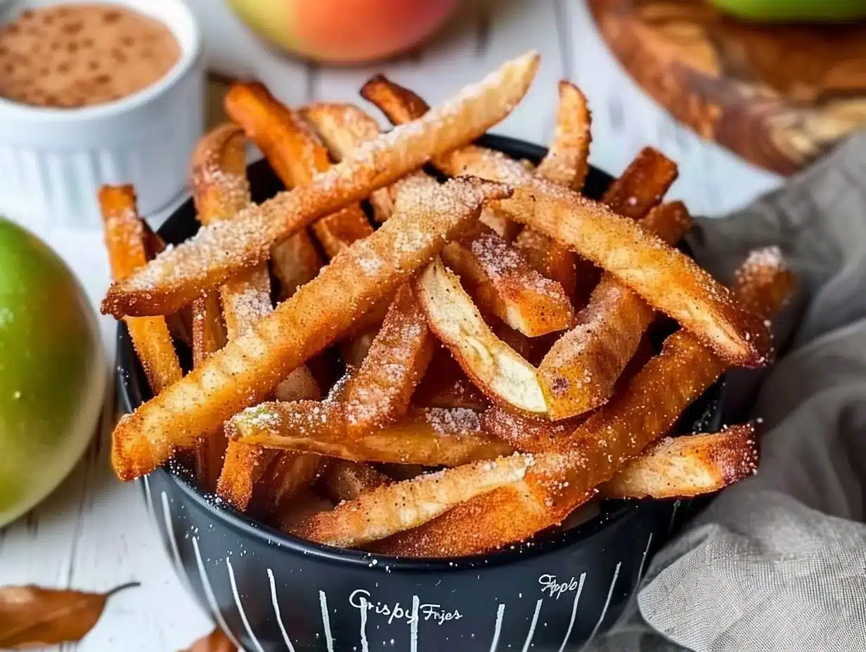 Crispy air fryer apple fries served in a bowl with a sprinkle of cinnamon