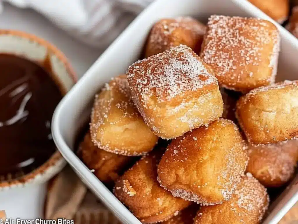 Crispy air fryer churro bites sprinkled with cinnamon sugar on a plate.