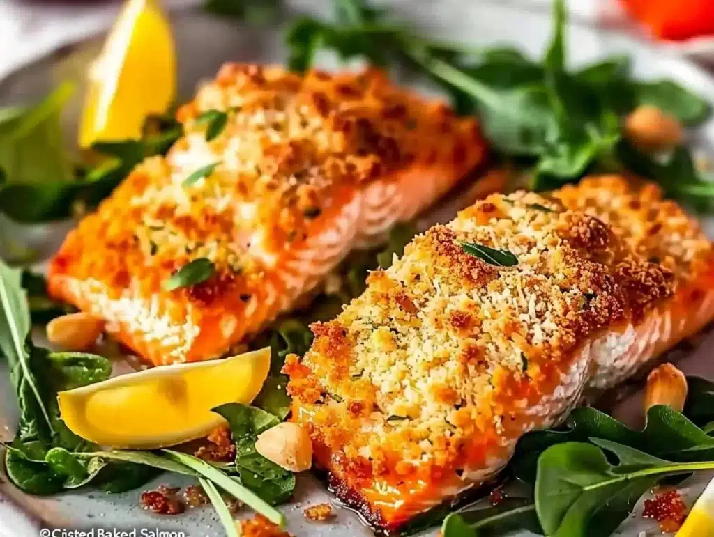 Crispy Parmesan crusted baked salmon served on a plate with lemon and herbs