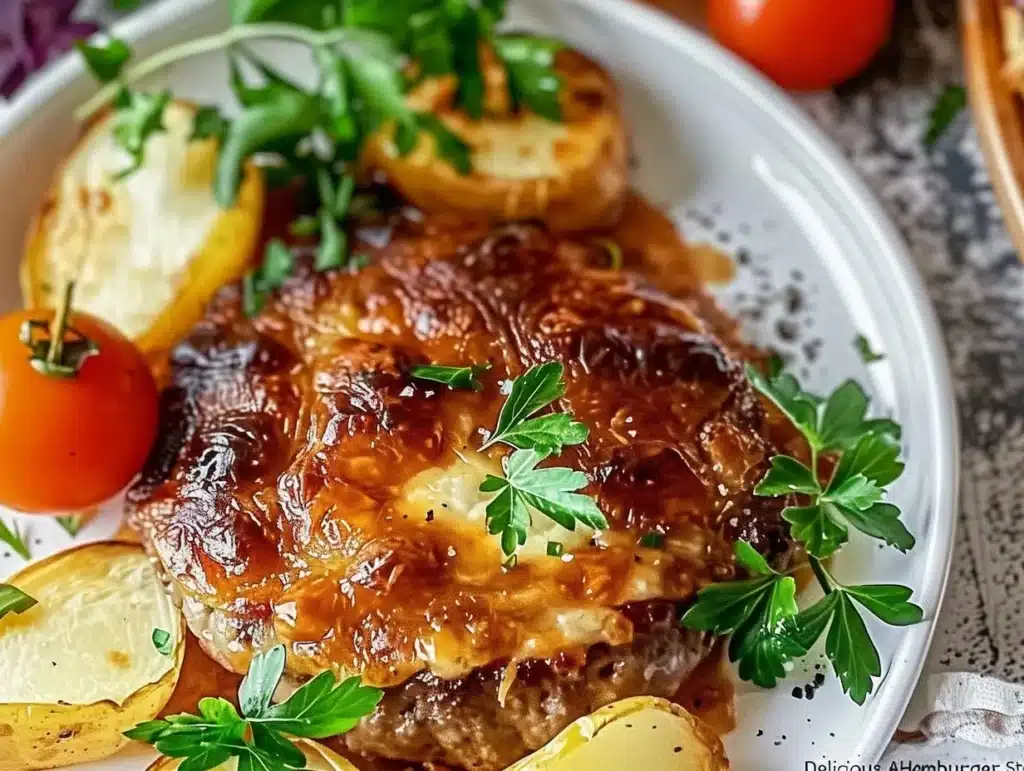 Delicious Amish hamburger steak bake served with vegetables and gravy