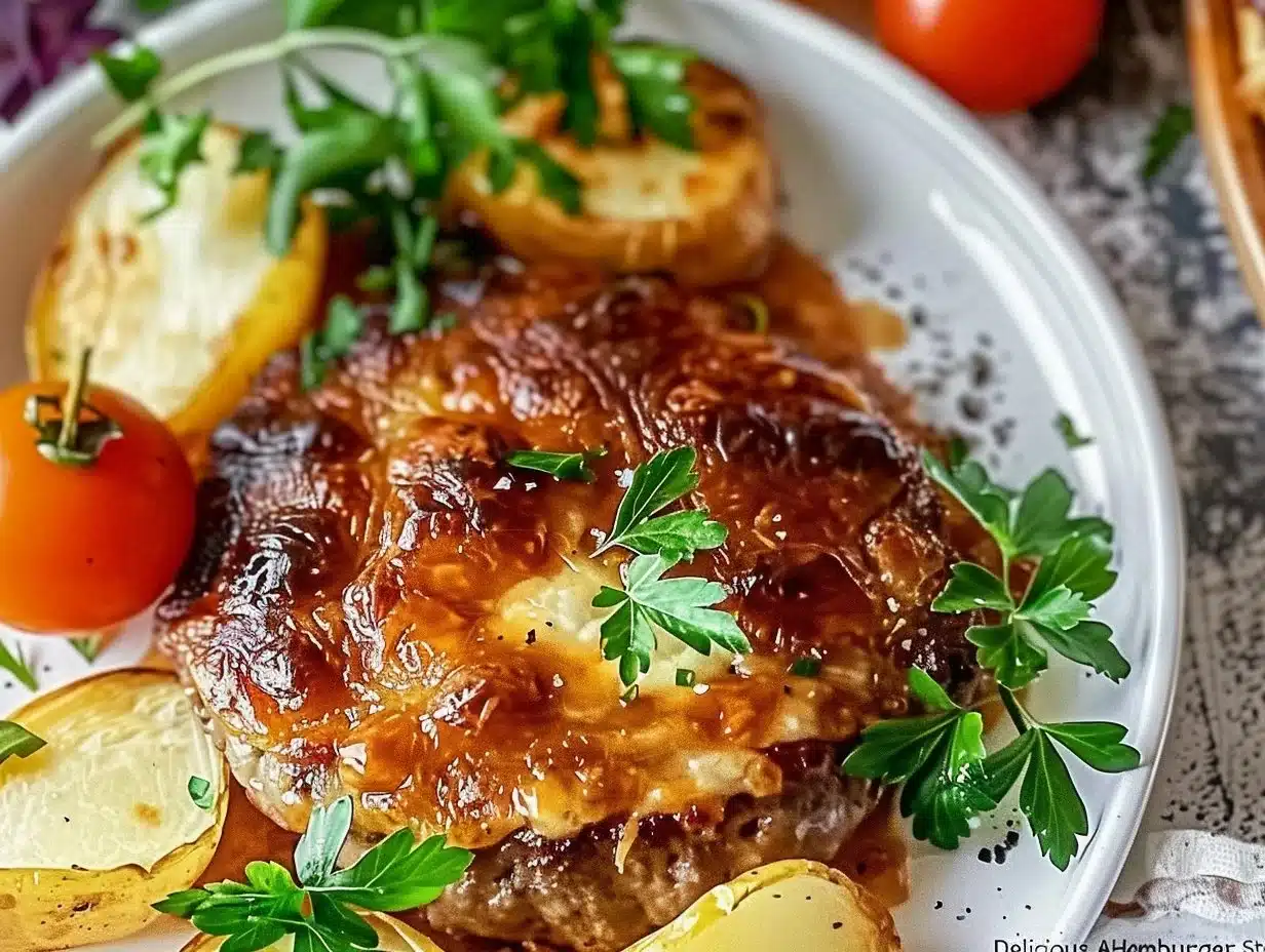 Delicious Amish hamburger steak bake served with vegetables and gravy