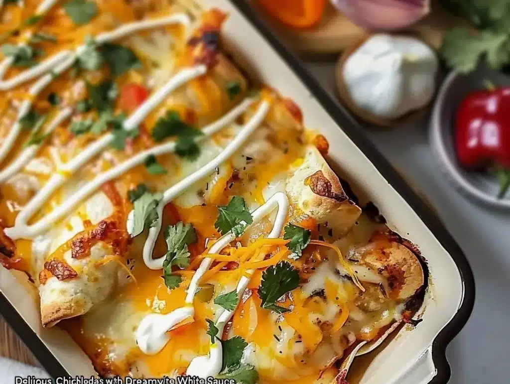 Delicious chicken enchiladas with a creamy white sauce served on a plate.