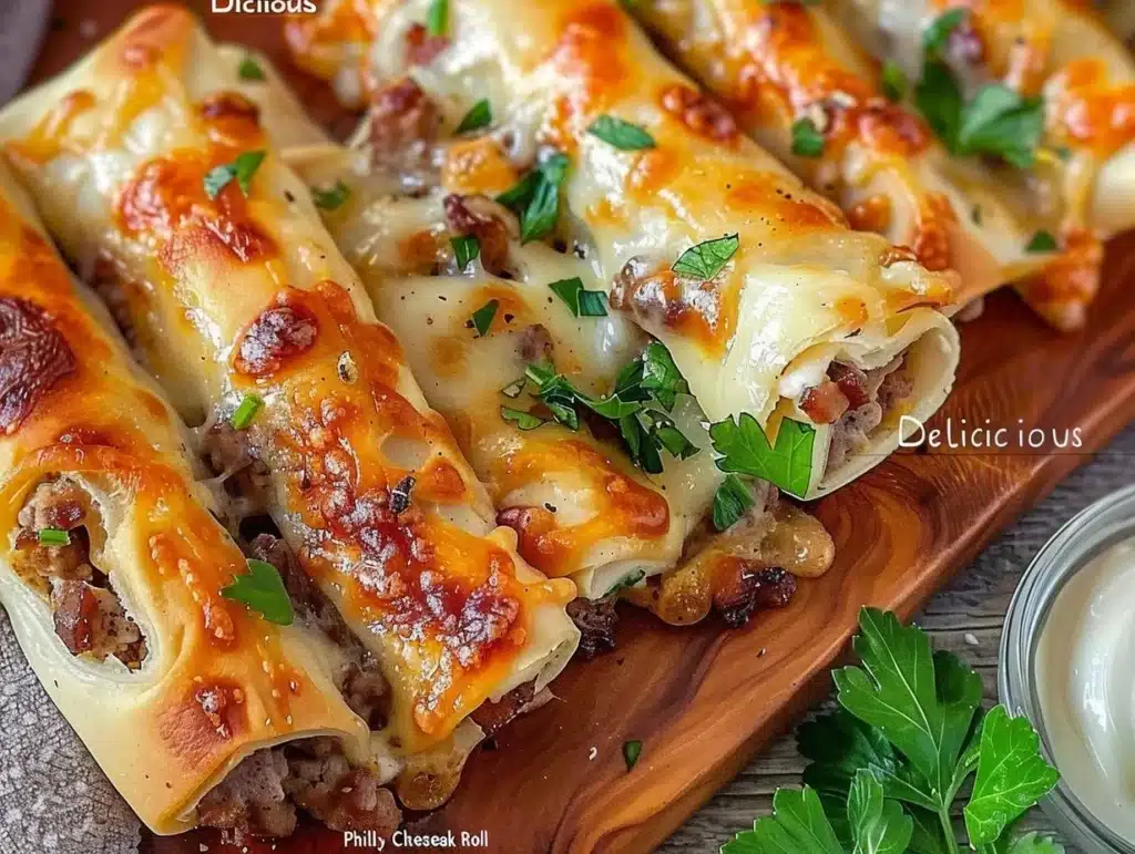 Keto Philly Cheesesteak Roll Ups with melted cheese and peppers