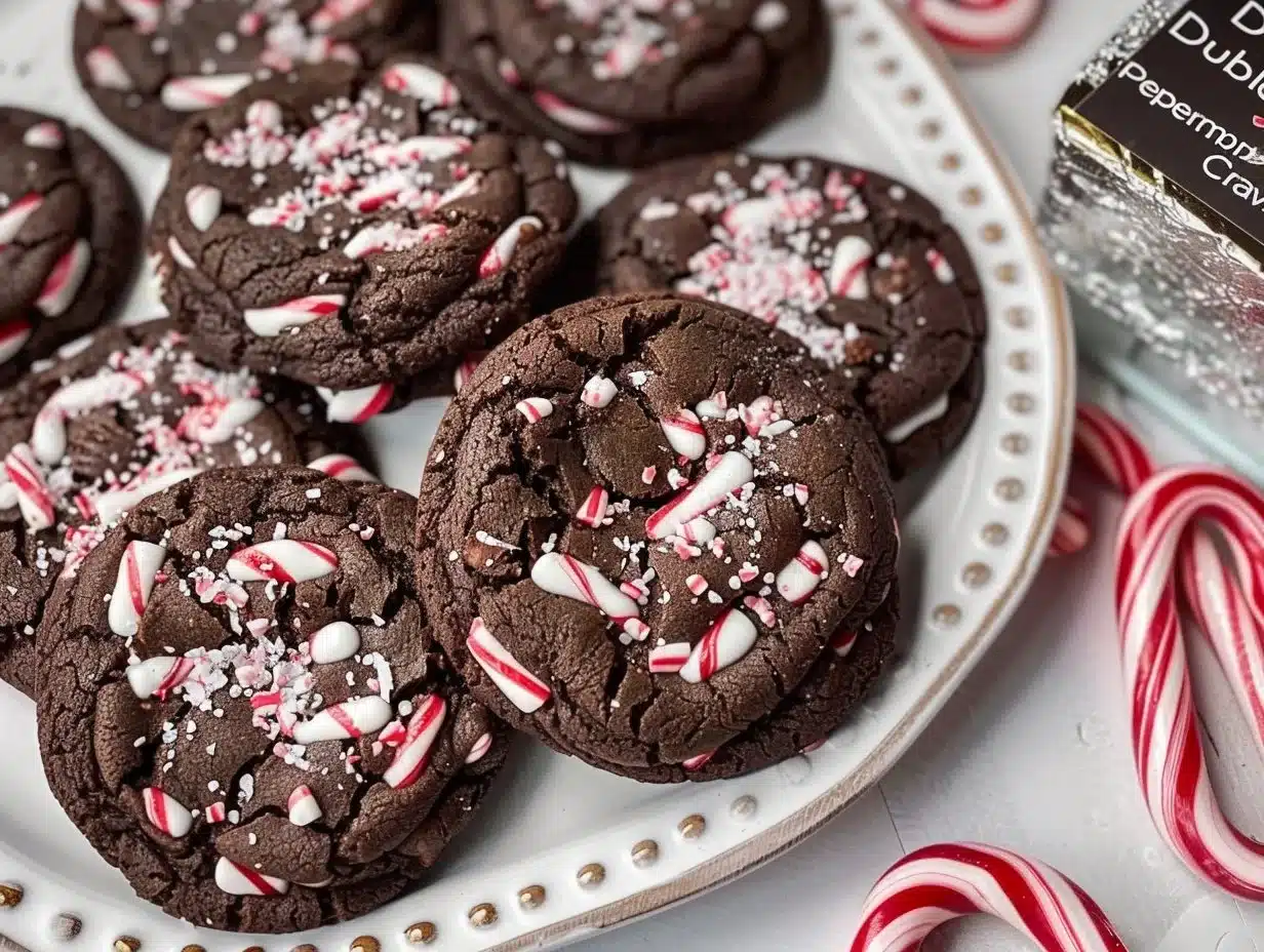 Double Chocolate Peppermint Cookies You'll Crave All Season 1 Double chocolate peppermint cookies on a holiday-themed platter
