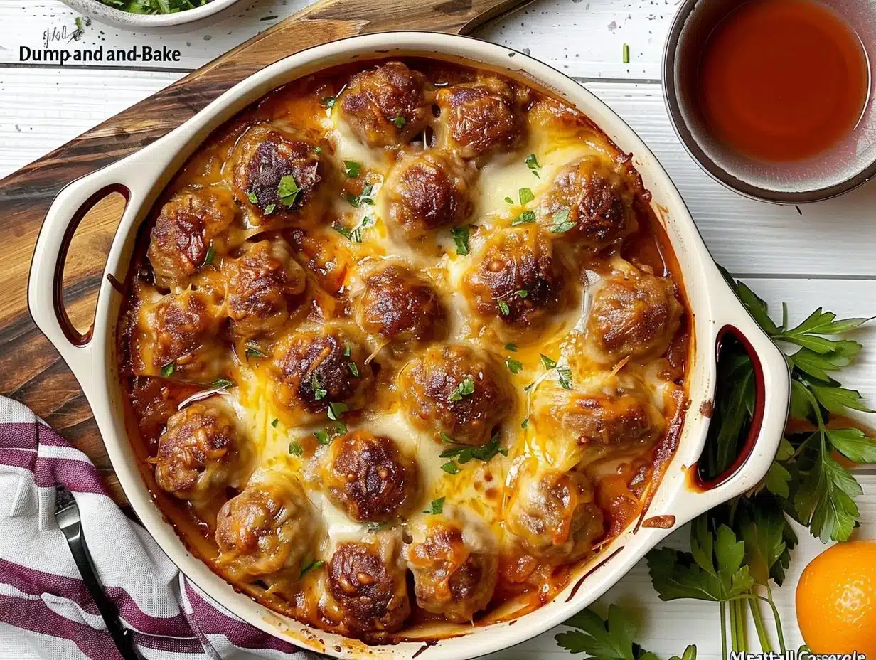 Delicious dump-and-bake meatball casserole dish ready to serve