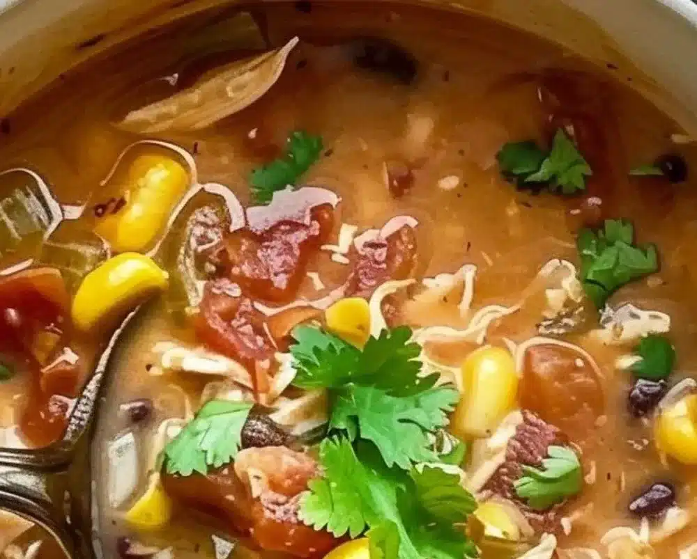 Bowl of easy chicken taco soup topped with cheese and cilantro