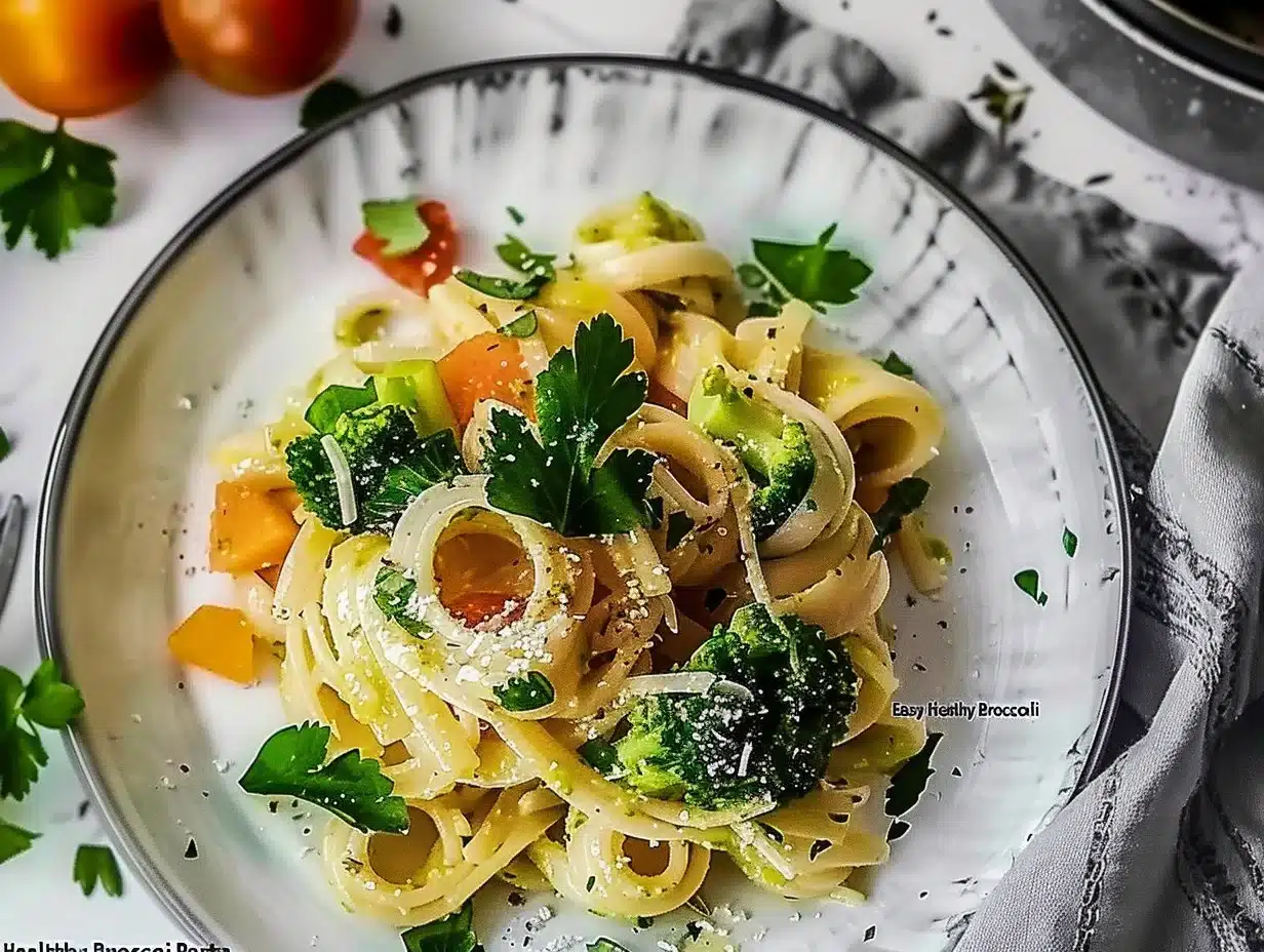 Bowl of easy healthy broccoli pasta with fresh broccoli and herbs