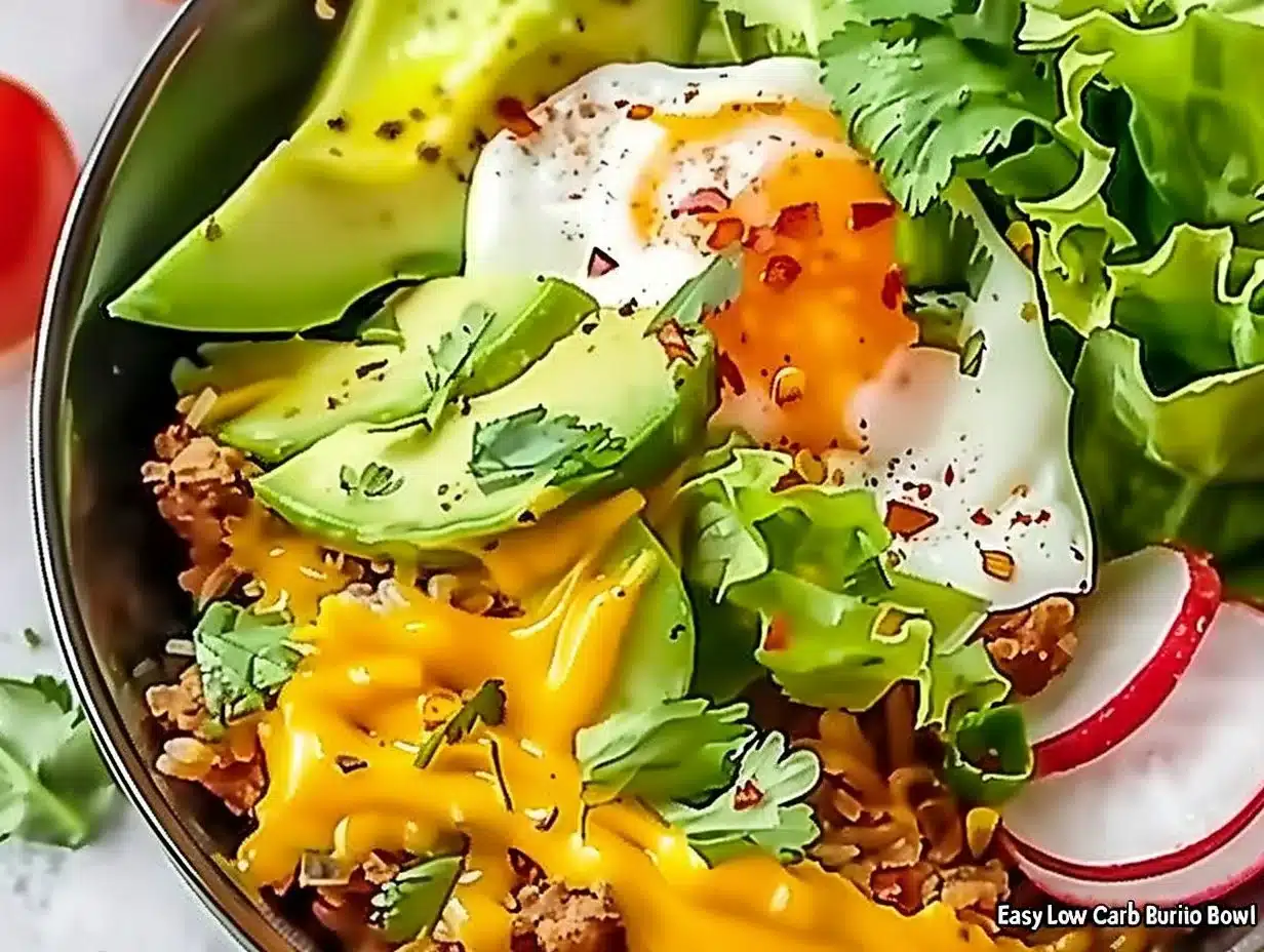 Easy low carb burrito bowl with fresh vegetables and protein