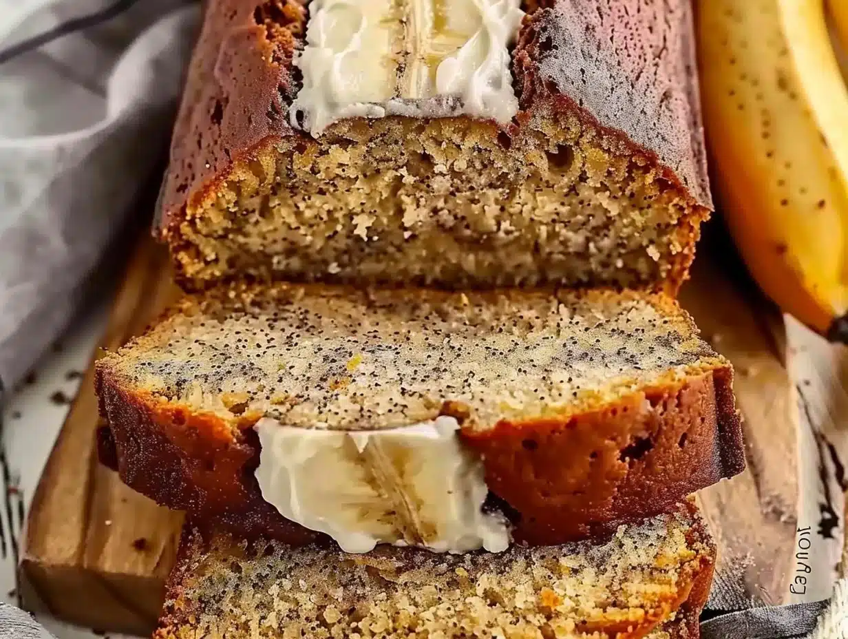 Easy Moist Banana Bread 1 A loaf of easy moist banana bread with slices on a wooden cutting board.