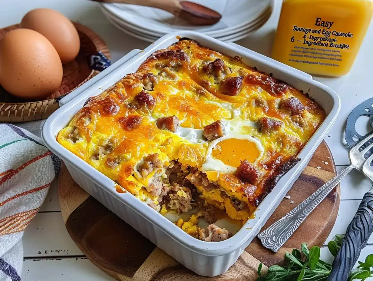 Delicious sausage and egg casserole topped with cheese and herbs for breakfast