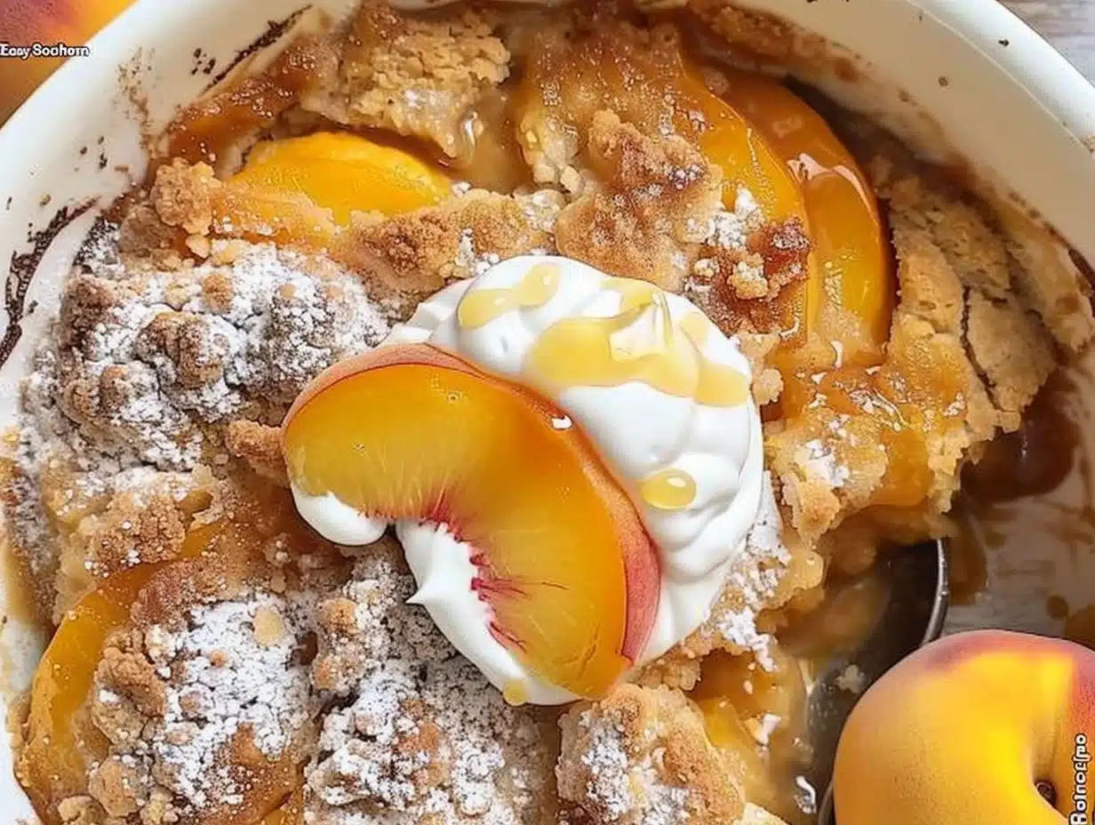 Delicious homemade southern peach cobbler fresh out of the oven