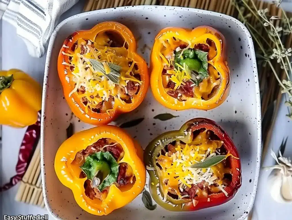 Plate of easy stuffed bell peppers filled with rice, vegetables, and spices